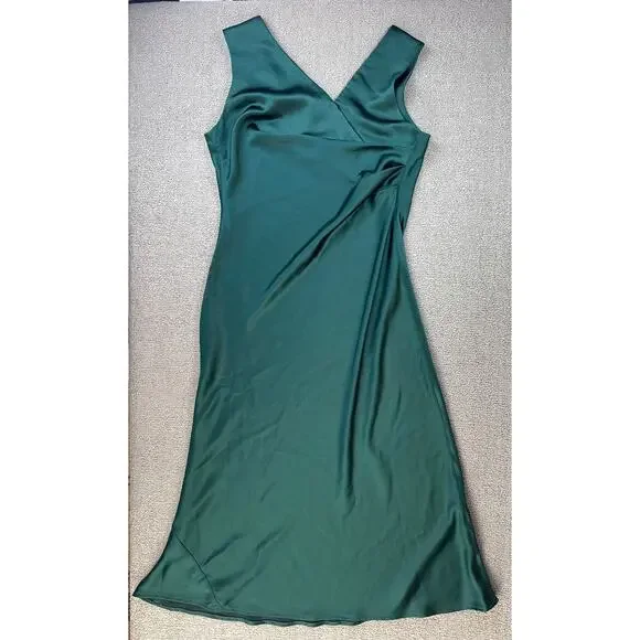 White House Black Market Satin Slip Dress Formal Sleeveless Green Size 14 - Picture 3 of 11